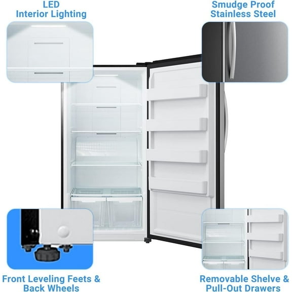 Smad 17.5 Cu ft Upright Freezer Large Capacity Fridge Refrigerator Frost Free Home Stainless Steel