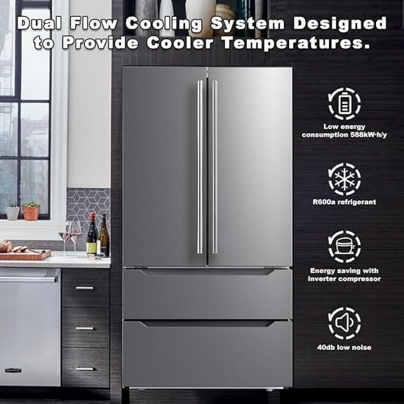 Smad Stainless Steel Refrigerator 22.5 Cu ft Silver Large Full Size French Door Make Ice