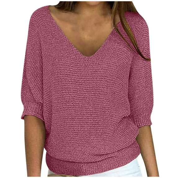 Smaickrr 3/4 Sleeve Summer Knit Sweater for Women Solid Color V-Neck Summer Business Shirt Pullover Tops