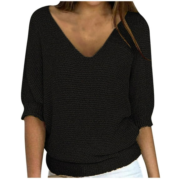 Smaickrr 3/4 Sleeve Summer Knit Sweater for Women Solid Color V-Neck Summer Business Shirt Pullover Tops