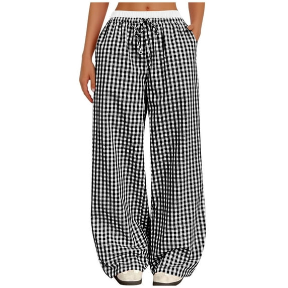 Smaickrr Athletic Pants for Women Drawstring Elastic Waist Pants Wide Leg Loose Trousers Splicing Checkered Pants