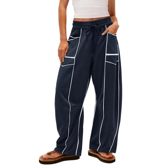 Gnshining Sweatpants for Women Baggy Striped Work Joggers Trousers with Pockets Patchwork Straight Wide-Leg Pants Drawstring Hight Elastic Waist Outdoor Cargo Pants