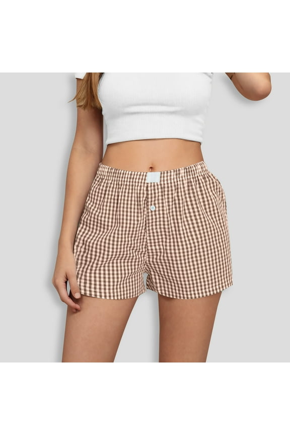 Summer Boxer Shorts for Women Cotton Button Pajama Sleep Plaid Shorts Beach Bottoms Shorts Y2K Lounge Shorts