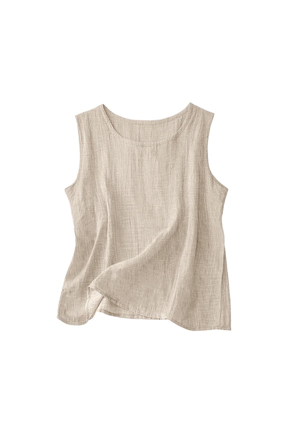 Summer Linen Tank Top for Women Cute Cropped Tops Plus Size Cami Sweatshirts Crew Neck Camisole Blouses Sleeveless Going Out Tops