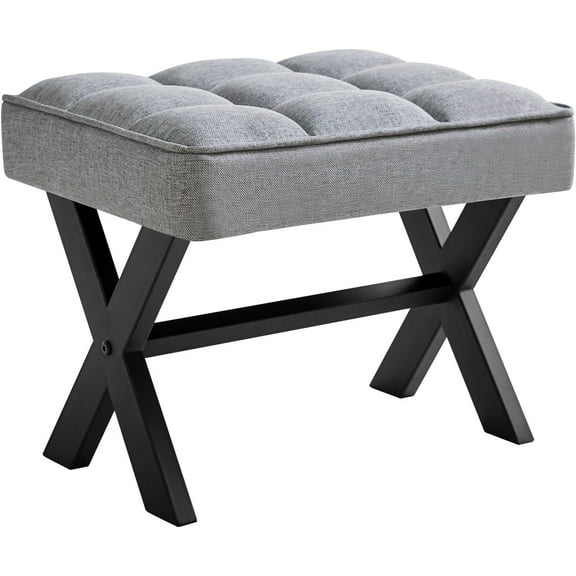 Small 12" H Footrest Stool, Square Linen Foot Stool with Metal X-Leg, Multi-Use as Small Side Table, Step Stool for Living Room, Bedroom, Entryway, Office, Blue Gray WBD011L