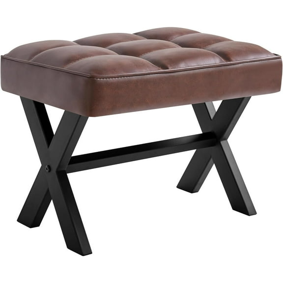Small 12" H Footrest Stool, Square PU Foot Stool with Metal X-Leg, Multi-Use as Small Side Table, Step Stool for Living Room, Bedroom, Entryway, Office, Dark Brown WBD012Z