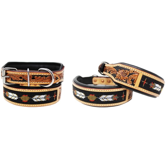 Small 13''- 17'' Hand Tooled Beaded Padded Leather Dog Collar  60126