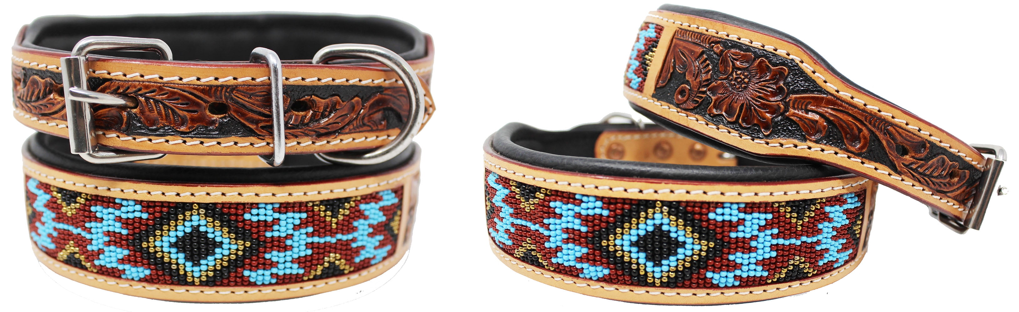 Small 13''- 17'' Hand Tooled Beaded Padded Leather Dog Collar  60162