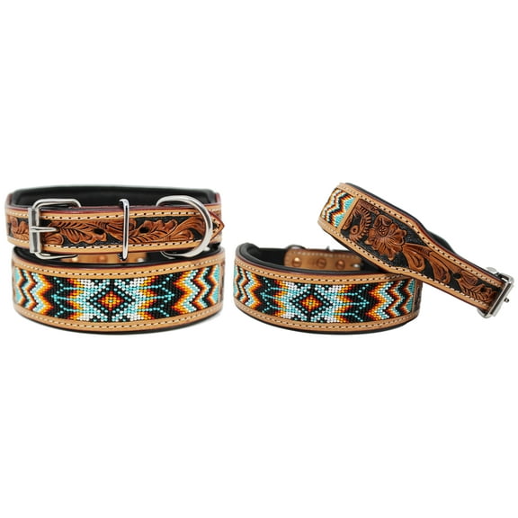 Small 13''- 17'' Hand Tooled Beaded Padded Leather Dog Collar  60163