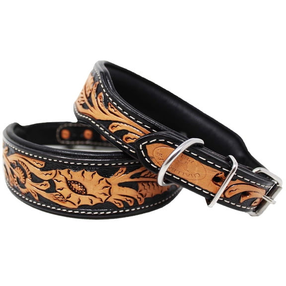 Small 13''- 17'' Handcrafted Padded Black Leather Flower Tooled Dog Collar 60203
