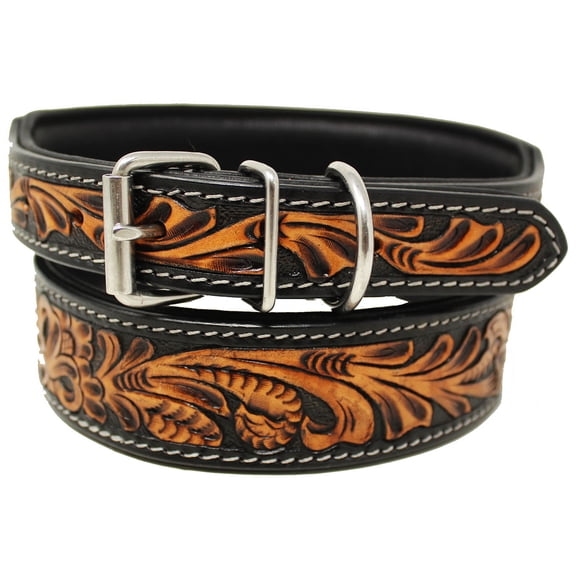 Small 13''- 17'' Heavy Duty Padded Leather Floral Tooled Dog Collar 60FK10