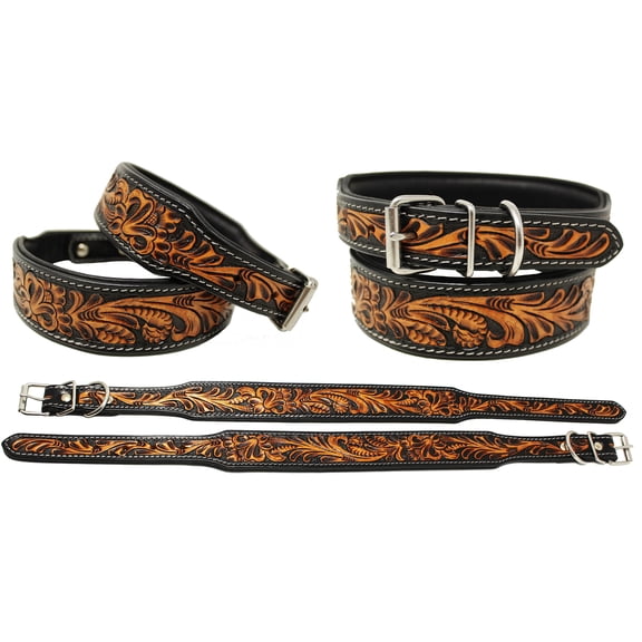 Small 13''- 17'' Heavy Duty Padded Leather Floral Tooled Dog Collar 60FK10