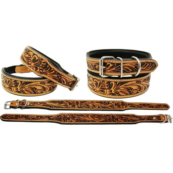 Small 13''- 17'' Heavy Duty Padded Leather Floral Tooled Dog Collar 60FK11