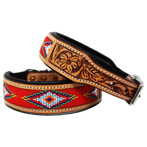 Small 13''- 17'' Padded Leather Dog Collar Beaded Floral Hand Tooled 60176