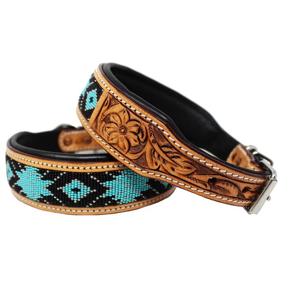 Small 13''- 17'' Padded Leather Dog Collar Beaded Floral Hand Tooled 60177