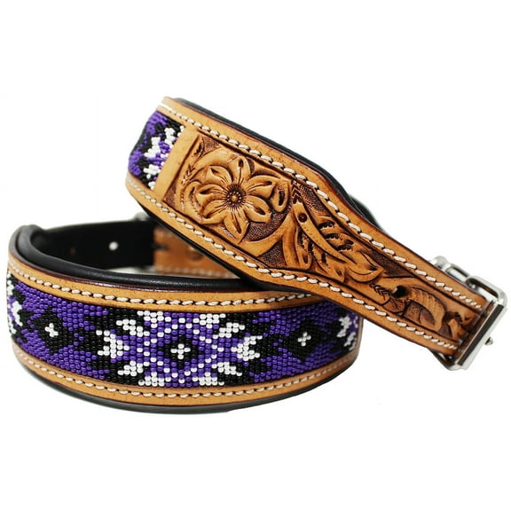 Small 13''- 17'' Padded Leather Dog Collar Beaded Floral Hand Tooled 60178