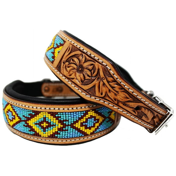 Small 13''- 17'' Padded Leather Dog Collar Beaded Floral Hand Tooled 60179