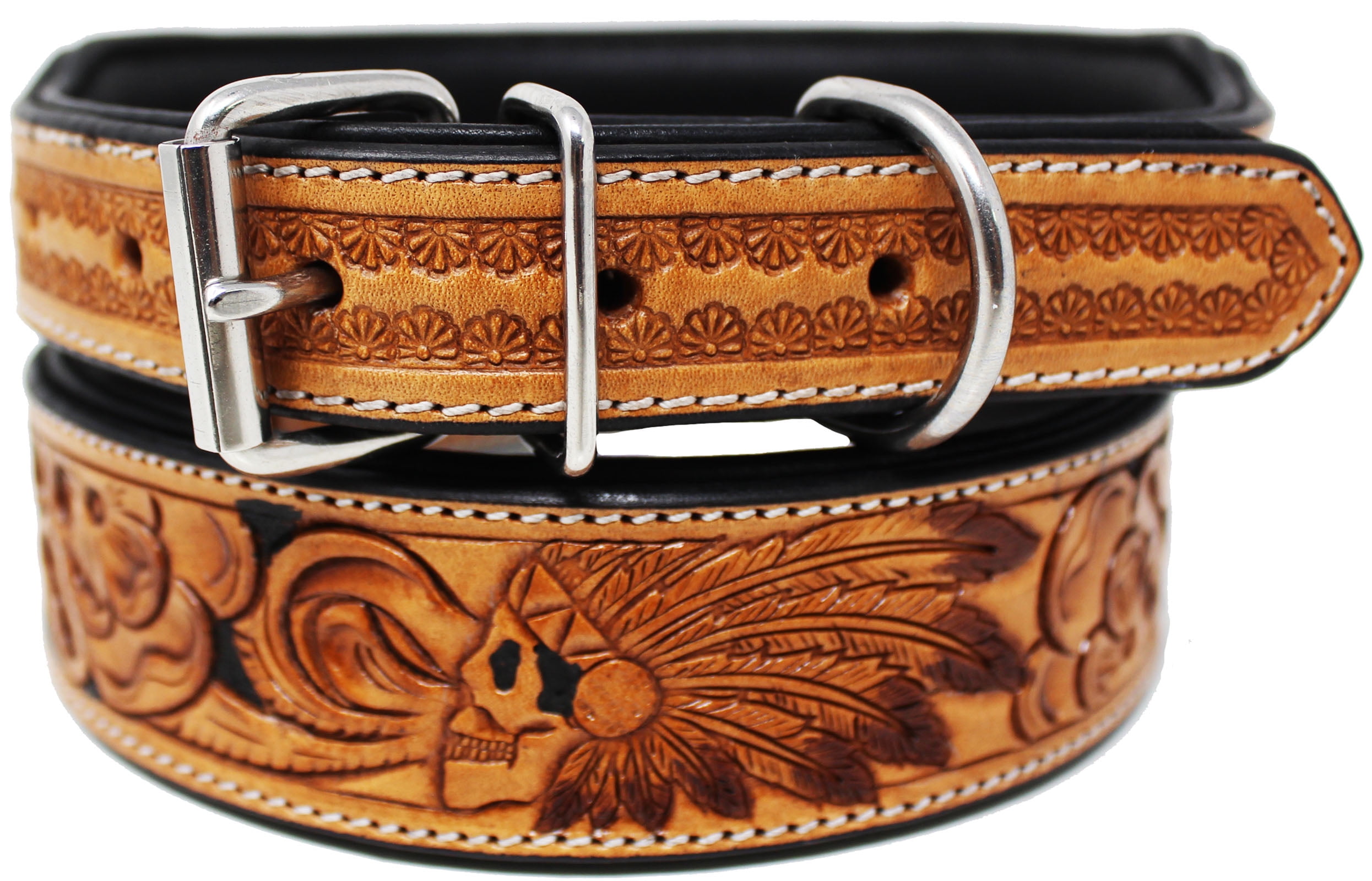 Small 13''- 17'' Padded Leather Dog Collar Heavy Duty Floral Tooled 60FK15
