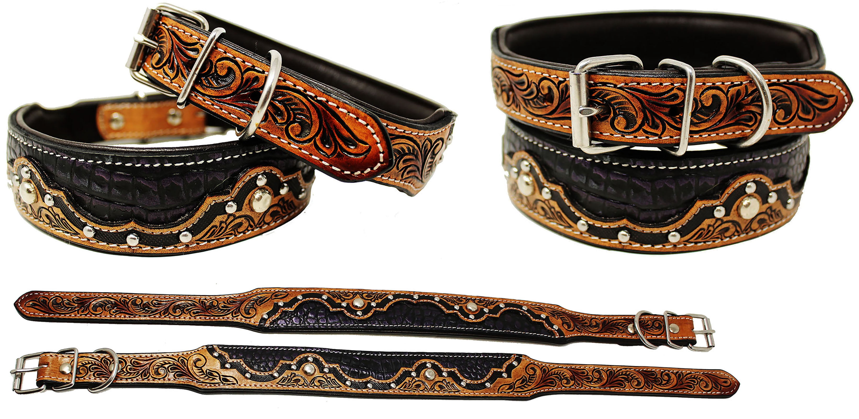 Small 13''- 17'' Padded Leather Dog Collar Heavy Duty Tooled Gator Inlay 60FK08