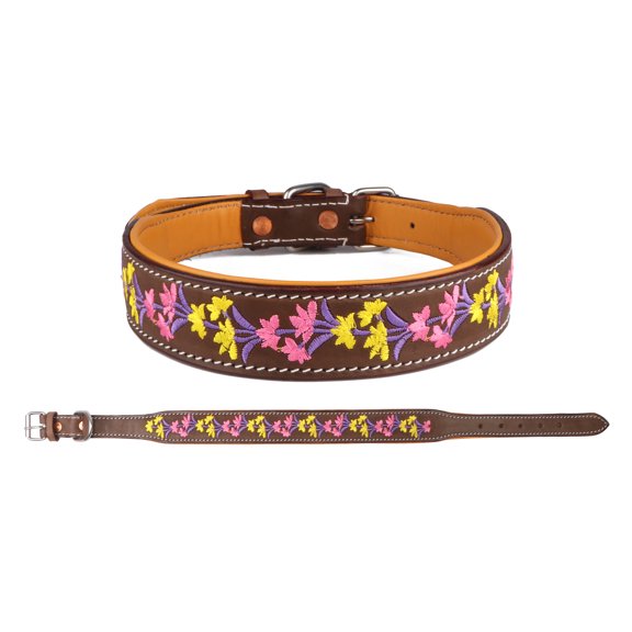 Small 13''- 17'' Padded Leather Floral Embroidered Dog Collar 60BT06