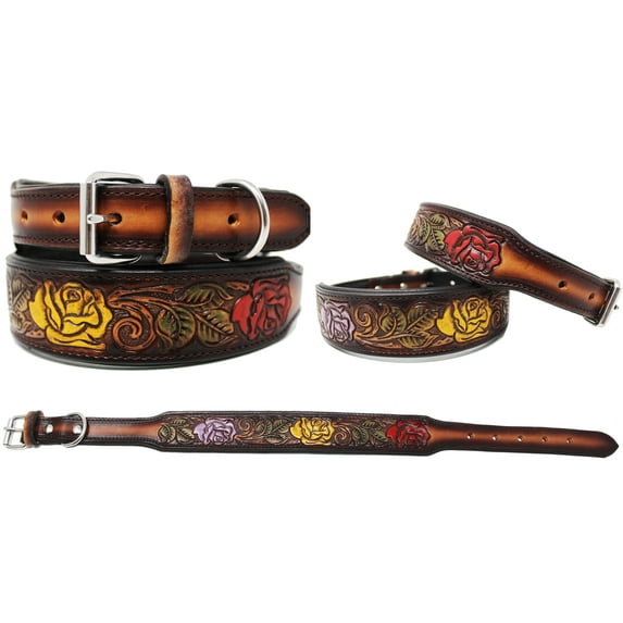 Small 13''- 17'' Padded Leather Hand Crafted Tooled Dog Collar 60FK39