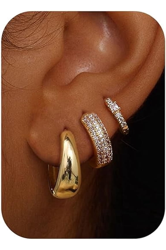 Small 14K Gold Plated Chunky Hoop Earrings for Women Hypoallergenic Silver Earrings Set for Sensitive Ears Non Tarnish Huggie Hoops Earring Stacks for Multiple Piercing Jewelry Lightweight 3Pairs