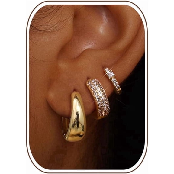 3Pcs Small 14K Gold Plated Chunky Hoop Earrings for Women Hypoallergenic Silver Earrings Set for Sensitive Ears Non Tarnish Huggie Hoops Earring Stacks for Multiple Piercing Jewelry Lightweight