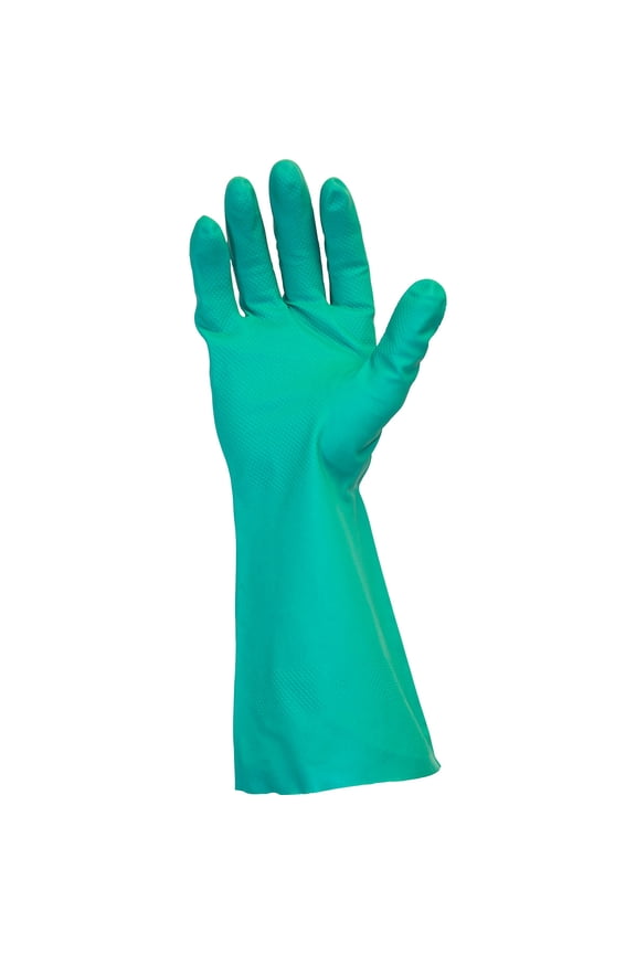 Safety Zone Green Flock Lined Nitrile Gloves - Chemical Protection - Small Size - Green - Straight Cuff, Raised Diamond Grip, Flock-lined - For Dishwashing, Cleaning, Meat Processing - 15 mil...