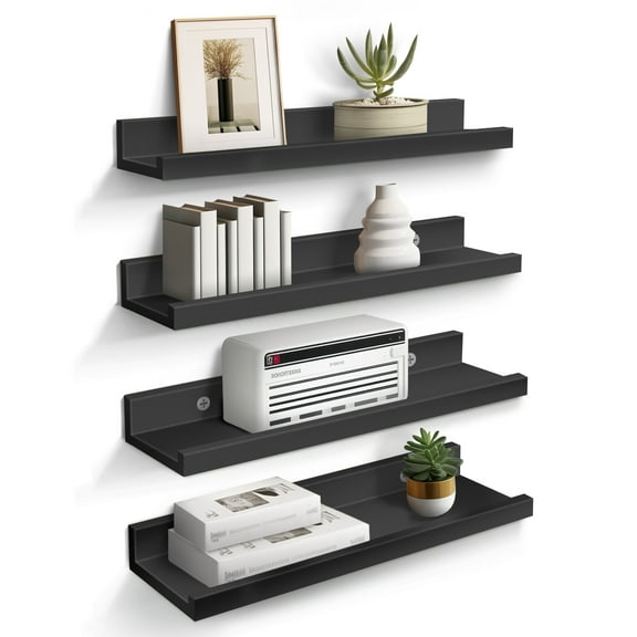 Small 16 Floating Shelves for Wall Dcor Storage, Set of 4, Wood for Bedroom, Living Room, Bathroom, Kitchen, Picture Ledge and Farmhouse