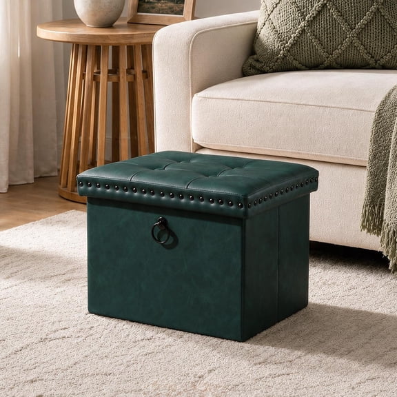 Small 16 x 12 x12 Inches Folding Storage Ottoman, Faux Leather Foot Rest Stool with Rivet Design, Ottoman with Storage Vanity Stool Coffee Table for Living Room, Bedroom, Load 242 lbs, Green