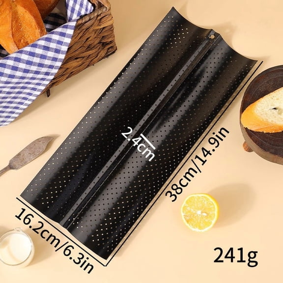 Small 2-Slot Black French Bread Baking Pan, Non-Stick Perforated Baguette Pan with Proofing Cloth & Dough Cutter