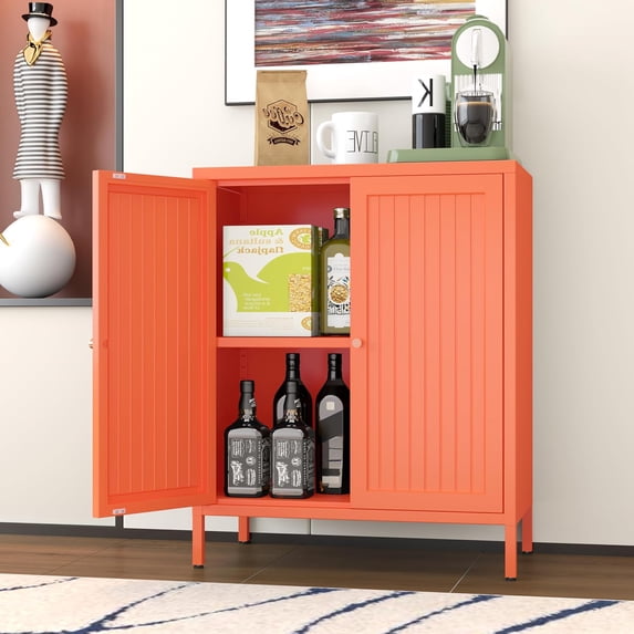 Small 2 Transparent Door Metal Storage Side Buffet Cabinet for Bed Room,Living Room,Entryway,Hallway,Home,Hotel,Office,Garage,Kitchen,1 Removable Shelf. (Striped Door, Orange)