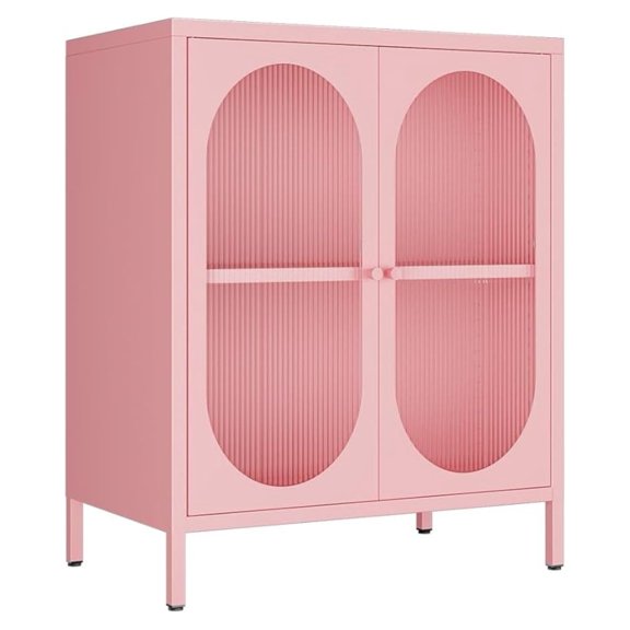 Small 2 Transparent Door Metal Storage Side Buffet Cabinet for Bed Room,Living Room,Entryway,Hallway,Home,Hotel,Office,Garage,Kitchen,1 Removable Shelf. (Transparent Door, Pink)