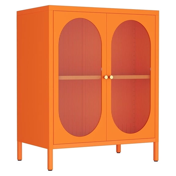 Small 2 Transparent Door Metal Storage Side Buffet Cabinet for Bed Room,Living Room,Entryway,Hallway,Home,Hotel,Office,Garage,Kitchen,1 Removable Shelf. (Transparent Door, Orange)