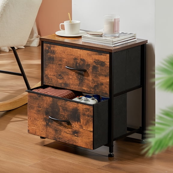 Small 20" Height Bedside Nightstand with 2 Storage Drawers, Wooden Top & Fabric Cabinet, Mini Storage Dresser for Bedroom Decor, 1PC / Set of 2, Home Furniture