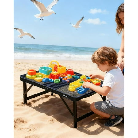 Small 2Ft Folding Table with Carry Handle, Adjustable Height, Black Metal Mesh Top, 66 lb Capacity