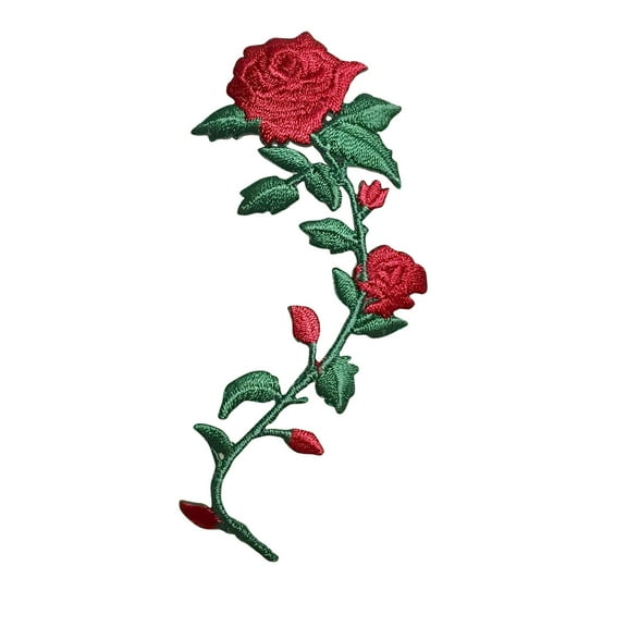 Small 3-1/2" - Red Roses - Stem Curved Right - Iron on Applique/Embroidered Patch