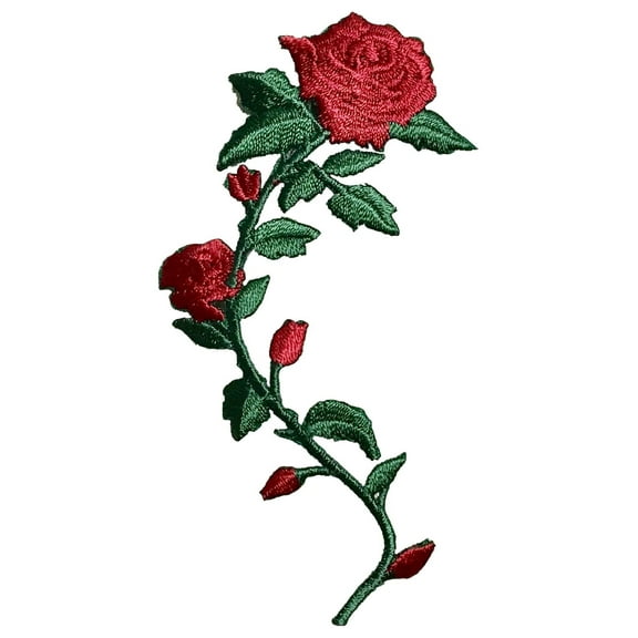 Small 3-1/2" - Red Roses - Stem Facing Left - Iron on Applique/Embroidered Patch