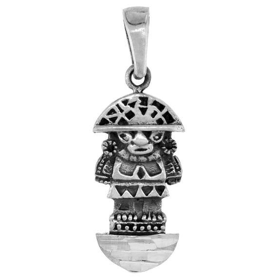 Small 3/4 inch Sterling Silver Aztec Totem Necklace for Women Diamond-Cut Oxidized finish 16 inch BX_15