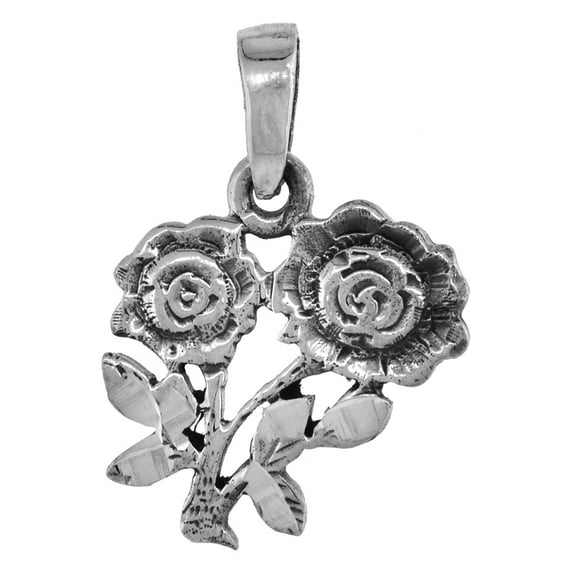 Small 3/4 inch Sterling Silver Double Rose Flower Necklace for Women for Women Diamond-Cut Oxidized finish 20 inch BX_15