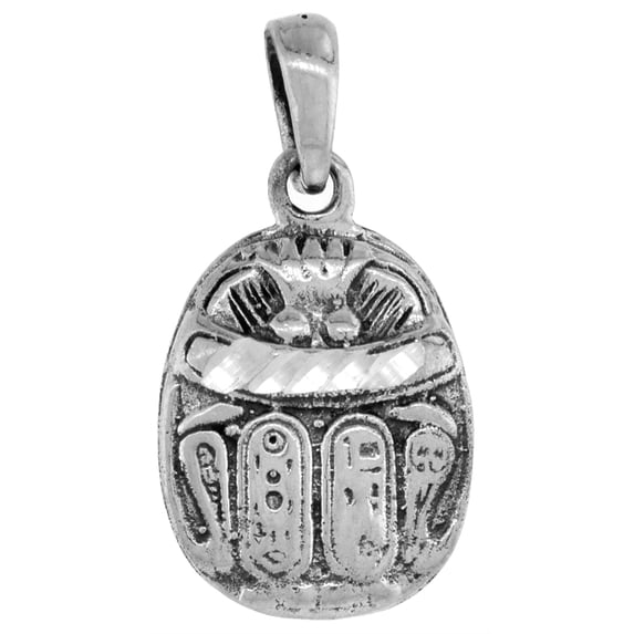 Small 3/4 inch Sterling Silver Egyptian Scarab Necklace for Women Diamond-Cut Oxidized finish 18 inch BX_15