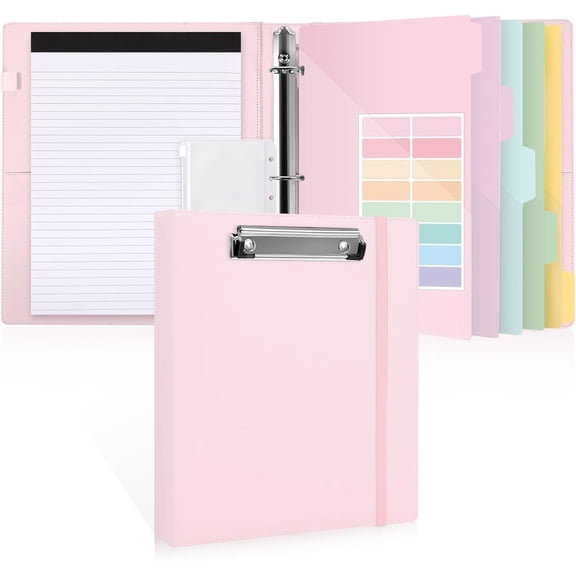 Small 3 Ring Binder with Clipboard, 8" 10" PU Mini 1 Inch Binder with Notepad, 5 Dividers, and Labels, Clipboard Folder Great Office(Fit Half Letter Sized Paper)