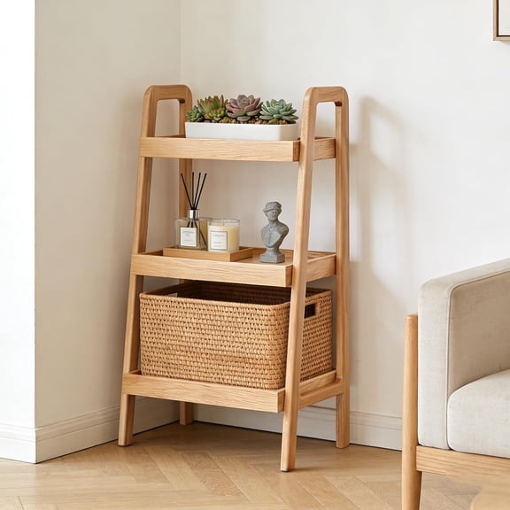 Hanyu Small 3 Tier Ladder Bookshelf, Narrow Wood Shelf Storage Organizer for Living Room, Bedroom, Small Spaces, Solid Oak Ladder Bookcase, Natural Finish,Freestanding