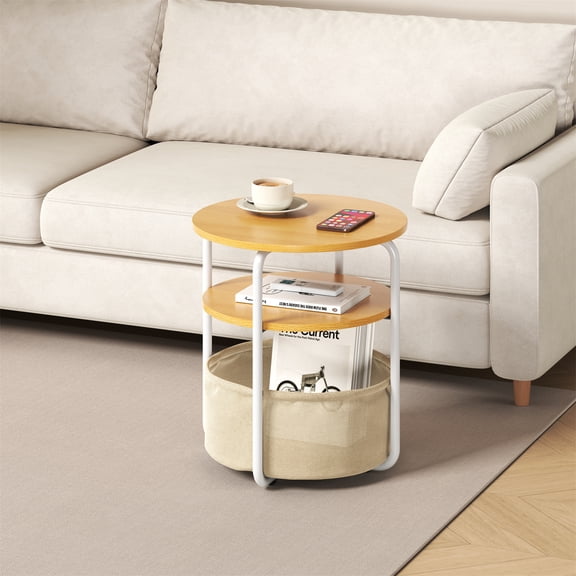Small 3-Tier Round Computer Desk with Removable Fabric Storage Basket for Office, Bedroom, Living Room, Corner Spaces