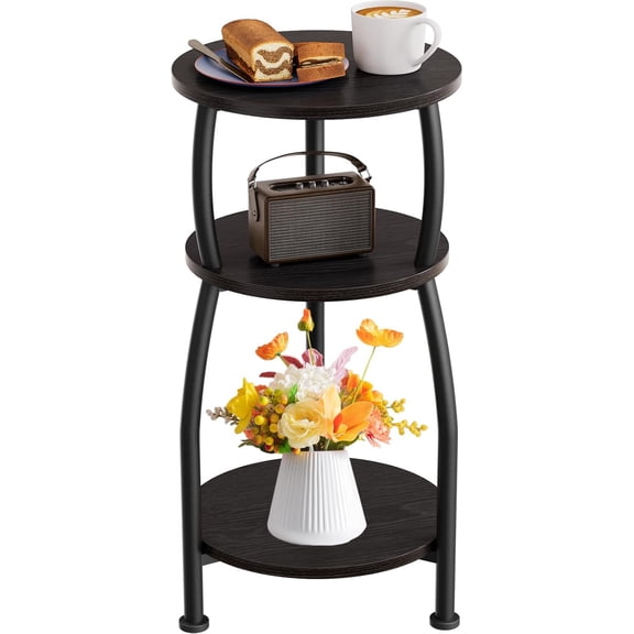 Small 3-Tier Round Side Table with Storage Shelf, Slim Sofa Table or Corner Nightstand
