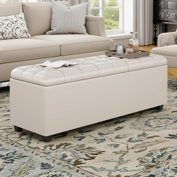 Large 38 Inches Long White Ottoman with Storage,Footstool Furniture End of Bed Benches,Faux Leather Ottomans and Seat for Foot Rest in Bedroom, Living Room, Entryway