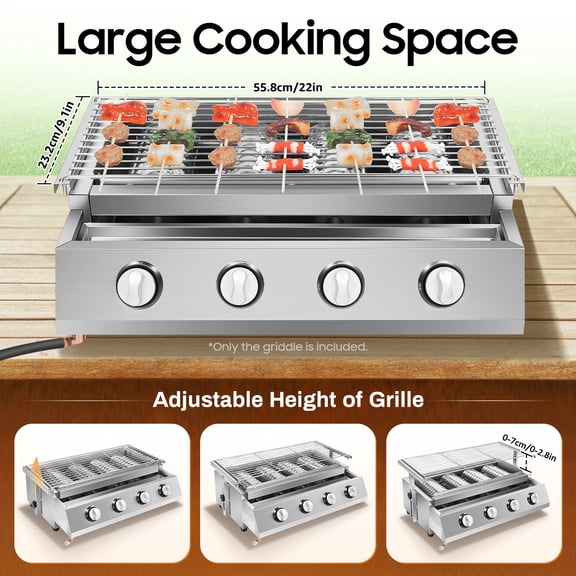 Small 4 Burner Gas Grill, Stainless Steel Body with Steel Cover and 558x232mm Wire Mesh Grate for Outdoor Barbecue Cooking Preparation