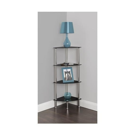 Small 4 Tier Corner Shelving Unit - Chrome Effect & Black Glass