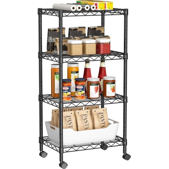 Small 4 Tier Shelves Storage Wire Shelving Unit Metal Shelf Adjustable Organizers Storage Shelving with Wheels for Bathroom Laundry Room Kitchen Pantry12”D x 18”W x 44.8”H Black