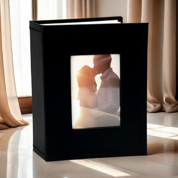 Small 4x6 Photo Album - Black Cover with Front Window, Portable Picture Book for Travel Wedding Memories